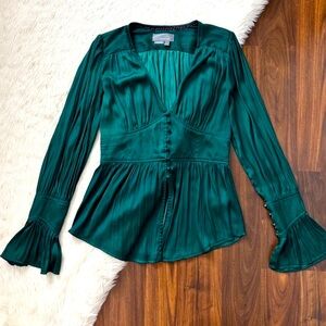 Anthropologie Emerald Green Button Down Long Sleeve Boho Plunging V XS Blouse